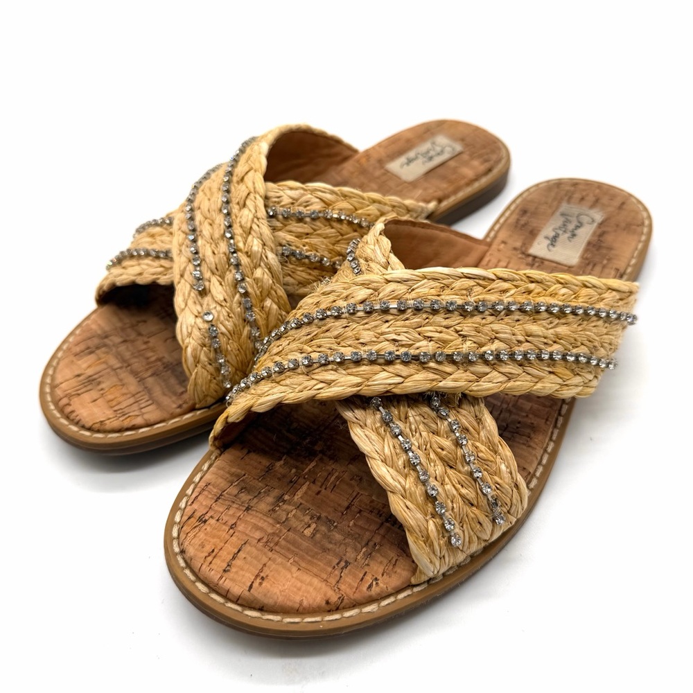 Crown Vintage Women's Size 8 Woven Strap Sandals Rhinestone‎ Bling Slip On Beach